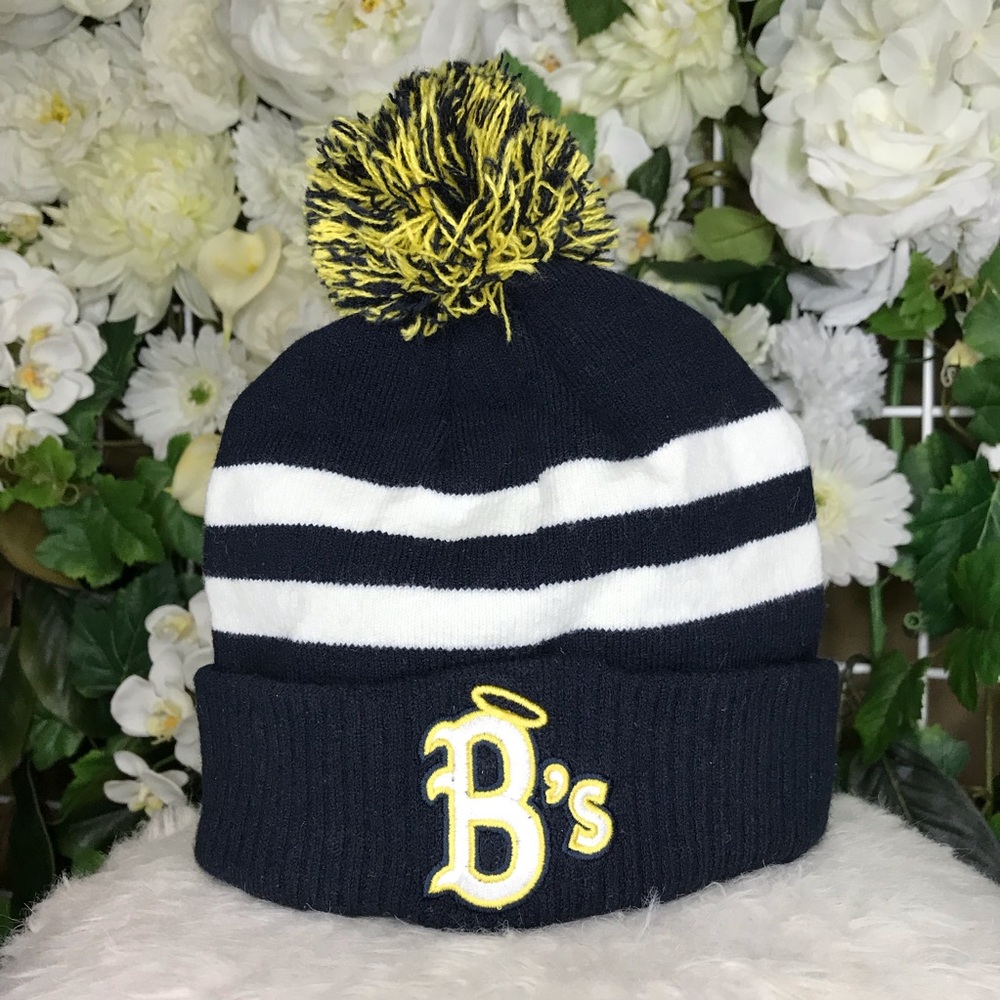 B’s Embroidered Blue Striped Beanie w/ Pom